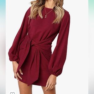 Long Lantern Sleeve Short Dress Crewneck Tie Waist Knit Cocktail Dress